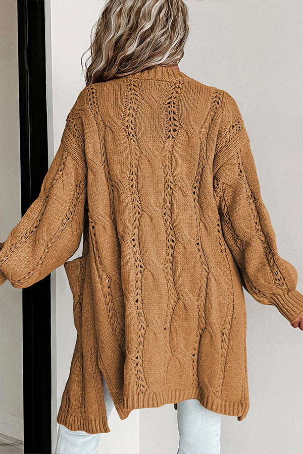 Ribbed Trim Hollow Knit Side Slits Cardigan