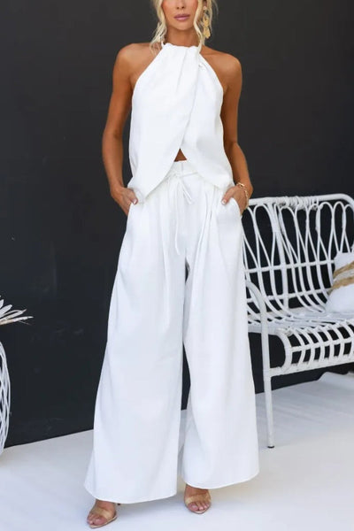 Sleeveless Halter Slit Top Paperbag Waist Wide Leg Pants Set