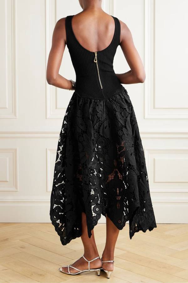 Sleeveless Rib Knit Lace Asymmetric Midi Dress
