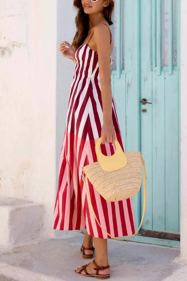 Striped Print Camisole Pleated Holiday Midi Dress