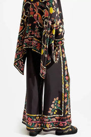 Fine Satin Floral Print Batwing Sleeve Pants Set - Black