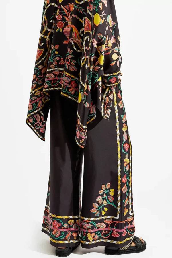 Fine Satin Floral Print Batwing Sleeve Pants Set - Black