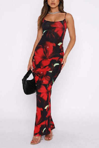 U Neck Hibiscus Print Bodycon Maxi Cami Dress