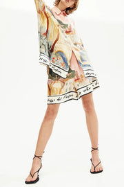Unique Print Lapel Long Sleeve Loose Shirt and Elastic Waist Casual Pocket Shorts Set