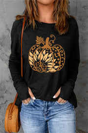 Black Sunflower Pumpkin Graphic Thumbhole Sleeve Graphic Tee