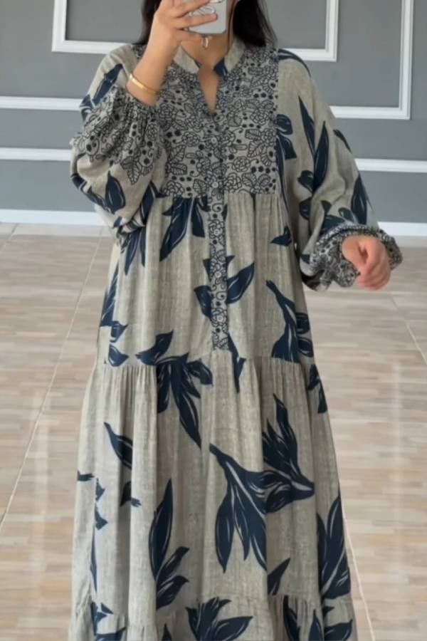 Printed lantern sleeves loose dress