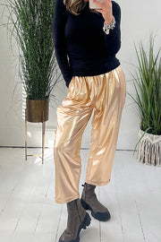 First and Fabulous Metallic Elastic Waist Pocketed Straight Leg Pants