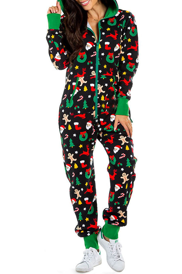 Christmas Print Zipper Pocketed Hooded Loungewear Jumpsuit