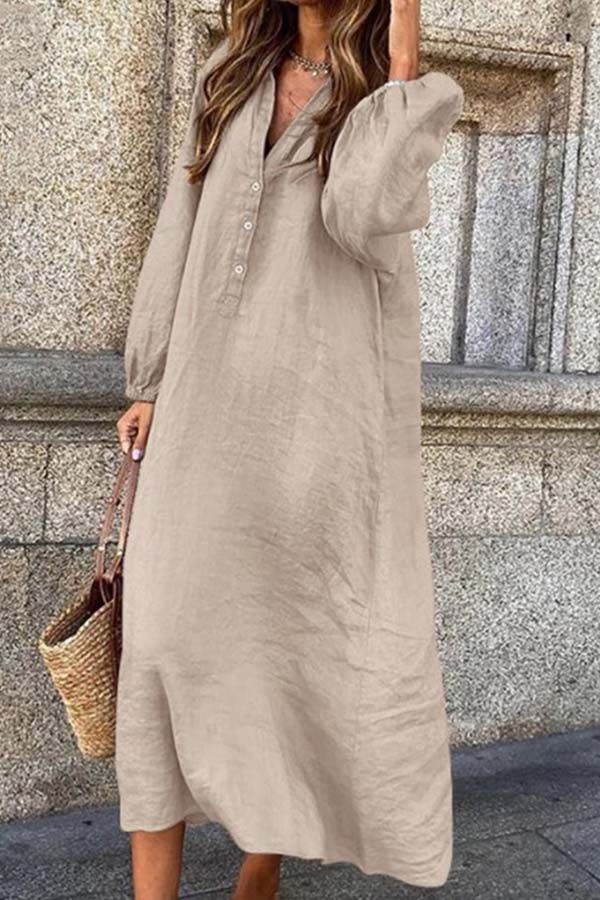 Cotton linen solid color long-sleeved V-neck button long jumpsuit