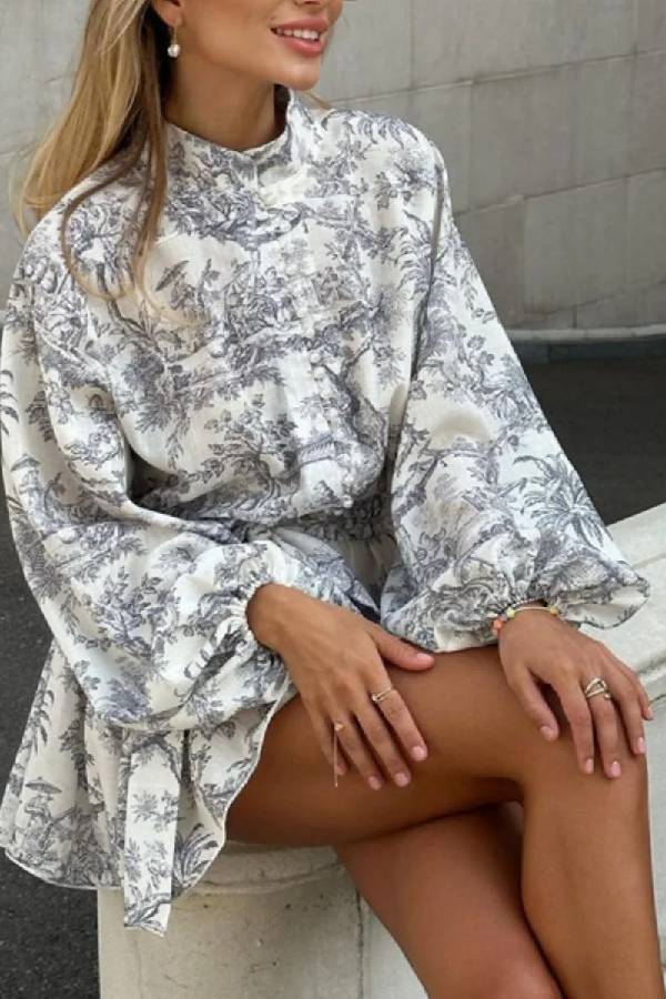 Seaside Print Puff Sleeve Mini Dress