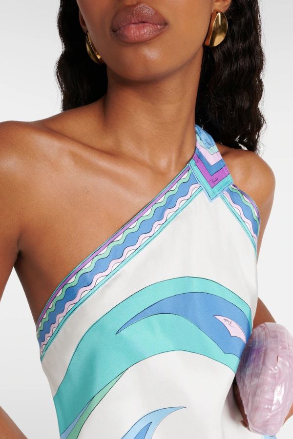 On Island Satin Unique Print One Shoulder Irregular Hem Vacation Midi Dress