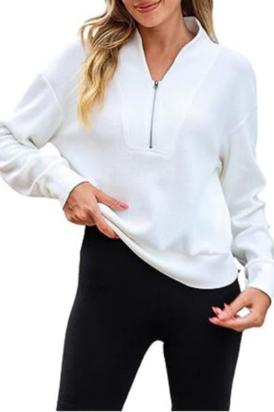 Waffle zipper V-neck pullover long-sleeved sweater