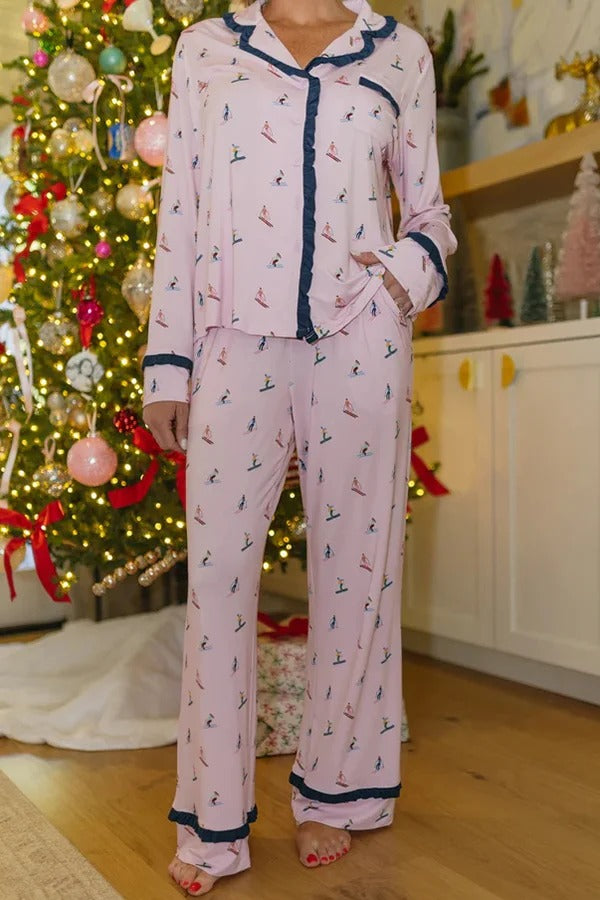 Postcards To Santa Unique Print Ruffles Trim Pocket Shirt and Elastic Waist Pajama Set