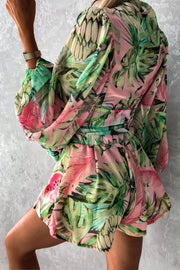 Printed lantern sleeve fitted waist jumpsuit shorts