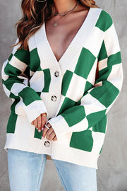 Casual loose checkerboard contrasting V-neck buttoned long-sleeved knitted cardigan