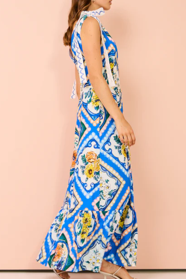 Tie Shoulder Maxi Dress In Azure Floral