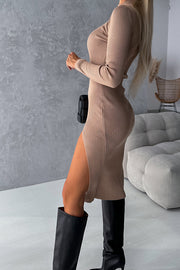 Morning Escape Knit Turtleneck Long Sleeve Slit Irregular Midi Dress