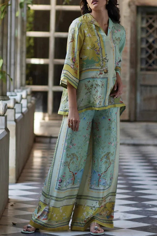 Elonie Satin Floral Print V-neck Half Sleeve Top and Elastic Waist Wide Leg Pants Set