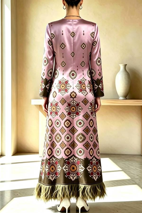 Cecilia Satin Colorful Baroque Style Printed Long Sleeve Feather Trim Maxi Dress
