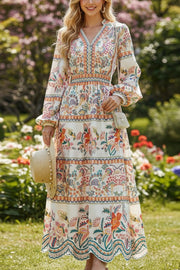 Retro print lantern sleeve fitted waist slit long dress