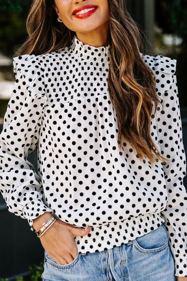 SWEET SPOT DOTTED UP PLEATED LONG SLEEVE TOP