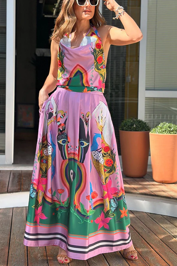 Unique Print Back Tie-up Pocket Halter Maxi Dress