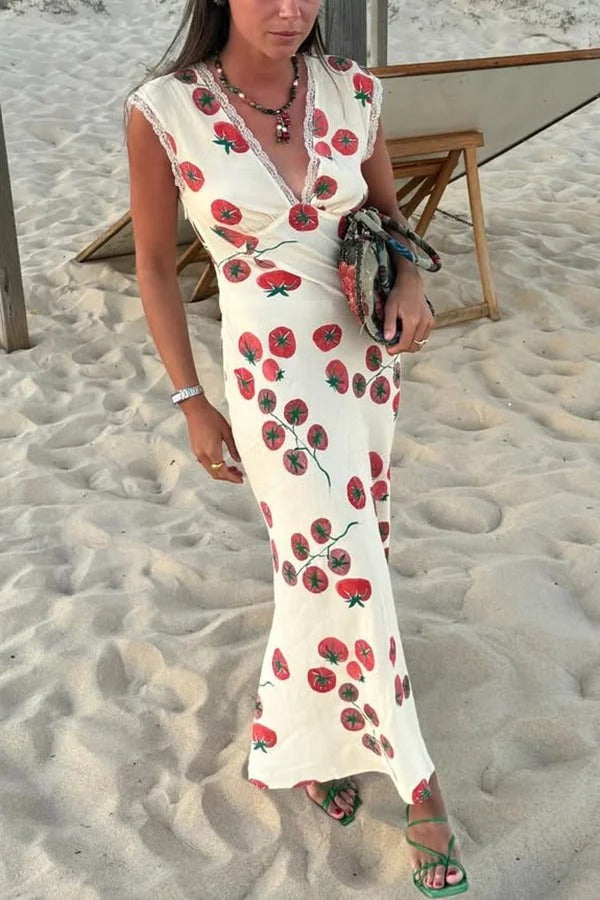Vintage Inspired Tomato Print Lace Trim Open Back Tie-up Maxi Dress
