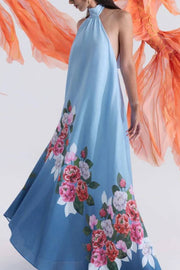Blooming Flowers Satin Printed A-line Halter Tie-up Maxi Dress