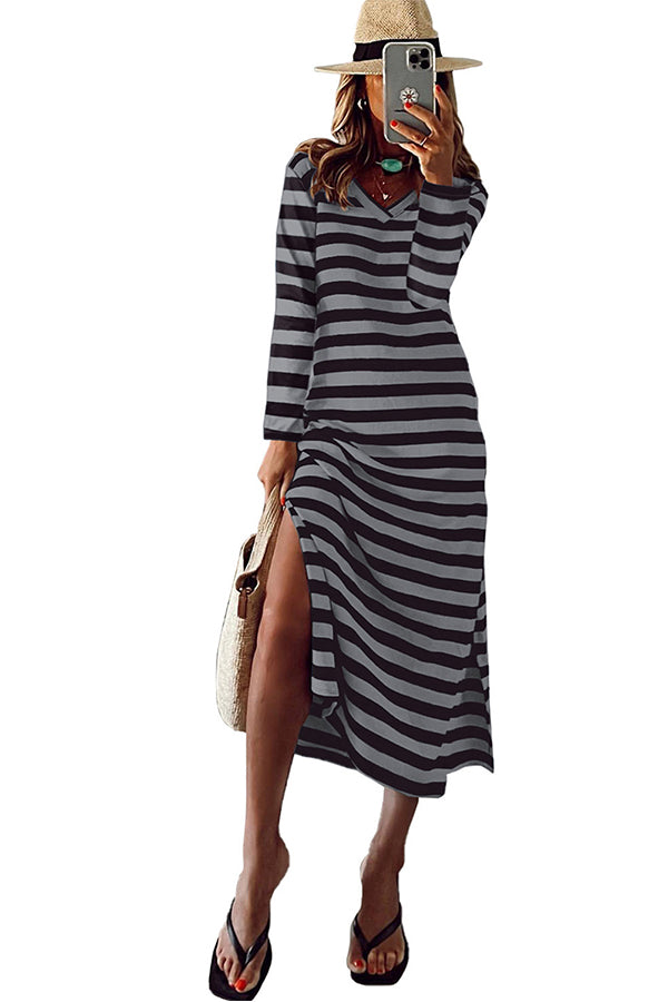 Gray Striped Slit Loose Long Sleeve Maxi Dress
