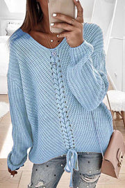 Loose V Neck Drawstring Open Back Pullover Knitted Sweater