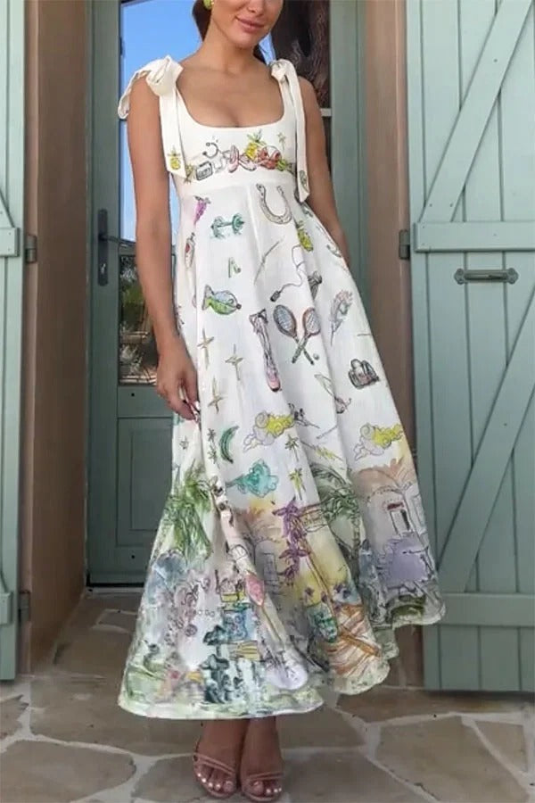 Euro Summer View Linen Blend Unique Print Tie-up Straps Pocket Midi Dress