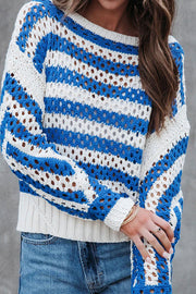 Fashion Loose Striped Hollow Crew Neck Knit Sweater