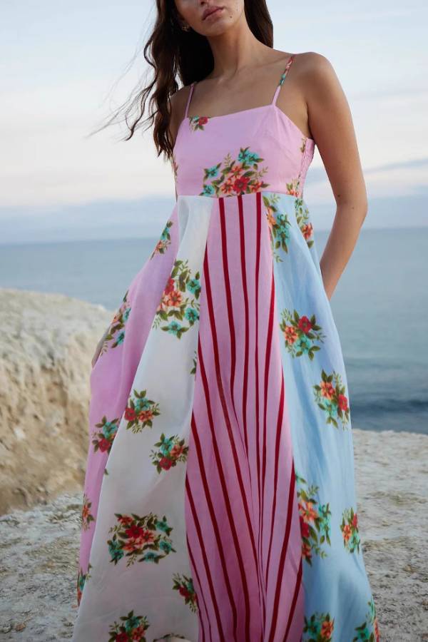 Spaghetti Strap Patchwork Floral & Stripe Waist-Cinched Maxi Dress