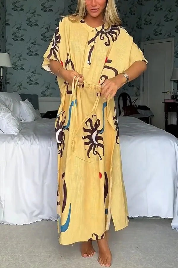 Helia Linen Blend Unique Print Drawstring Waist Kaftan Maxi Dress