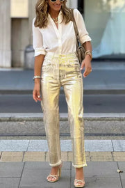 Retro straight-leg gold trousers with loose pockets and wide legs