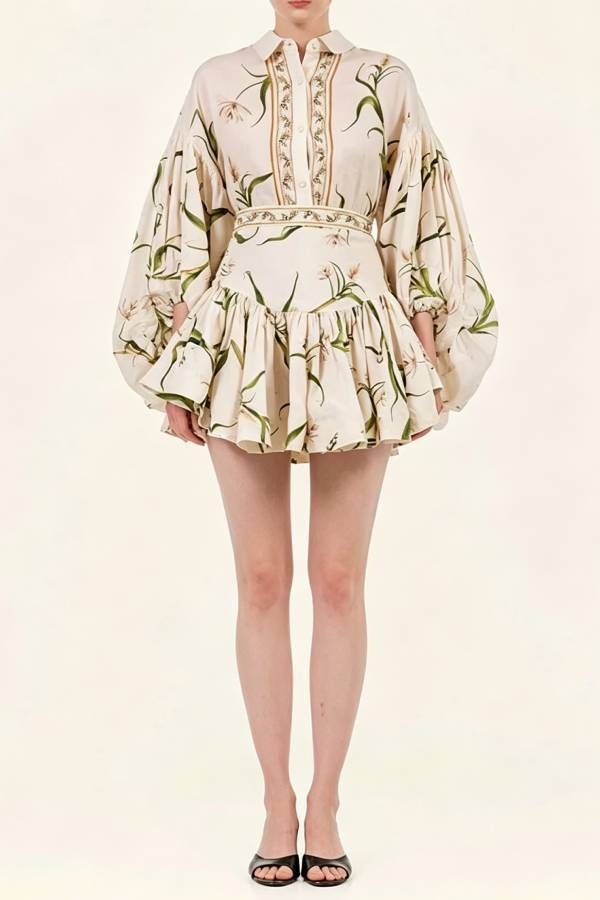 Botanical Print Puff-Sleeve Blouse & Ruffled Skirt Set