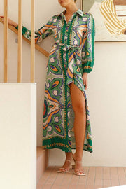 COLLARED BUTTON UP LONG BALLOON SLEEVE MAXI DRESS