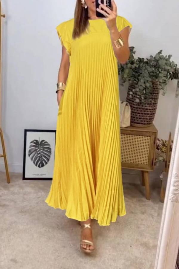 Women Pleated Simple Solid Color Dress