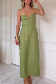 Sharyn Linen Blend Bodice Cutout Back Tie-up Slit Slip Maxi Dress