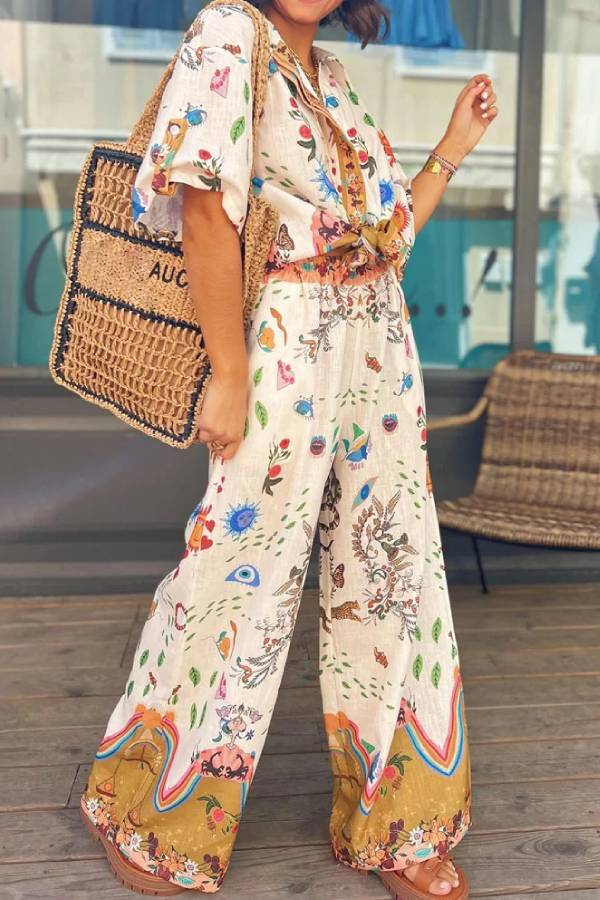 Fashion Printed Short Sleeve Shirt & Pants Two-piece Set