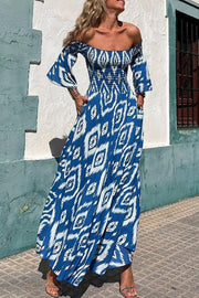 Close To The Vacation Ethnic Print Smocked Off Shoulder Pocketed Maxi Dress