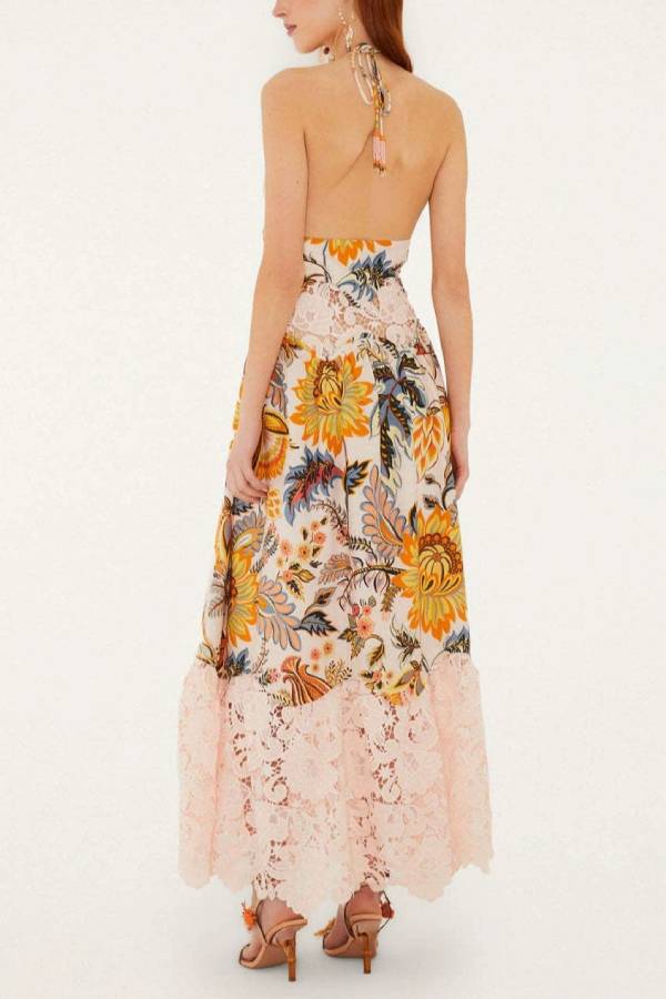 Halter Vintage Floral Lace Spliced Open‑Back Vacation Maxi Dress