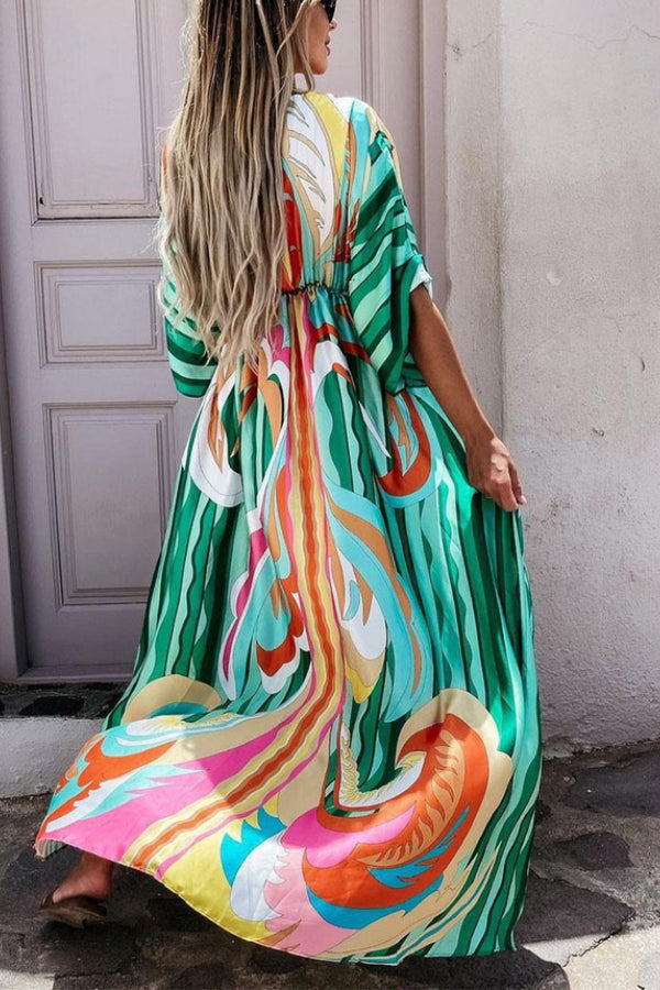 V-Neck Batwing Bohemian Printed Long Beach Cover-Up Dress