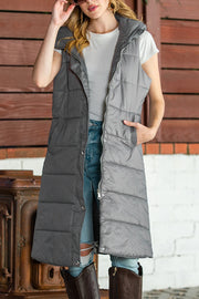 Hooded Pocketed Quilted Long Vest Coat