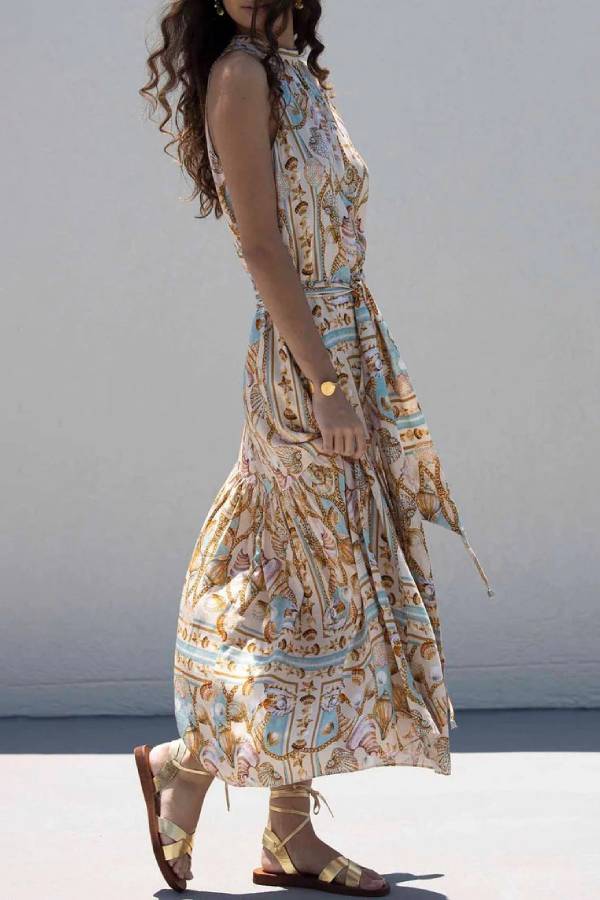 Exquisite Satin Ocean Treasure Print Maxi Dress