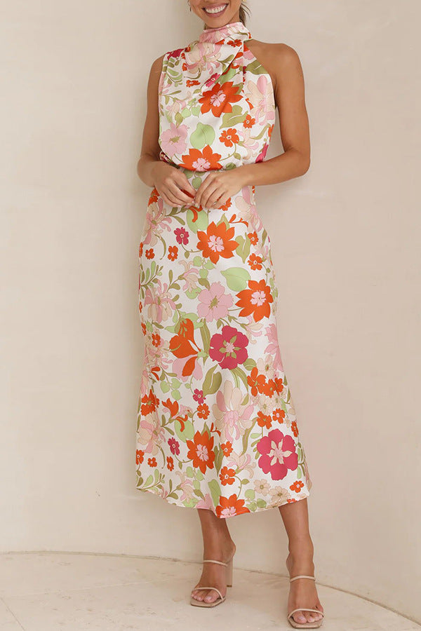 Love In The Garden Floral Halter Neck Elastic Waist Maxi Dress