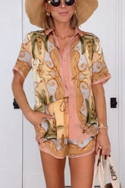 Royalty Unique Print Button Up Short Sleeve Shirt and Elastic Waist Pocketed Loose Shorts Set