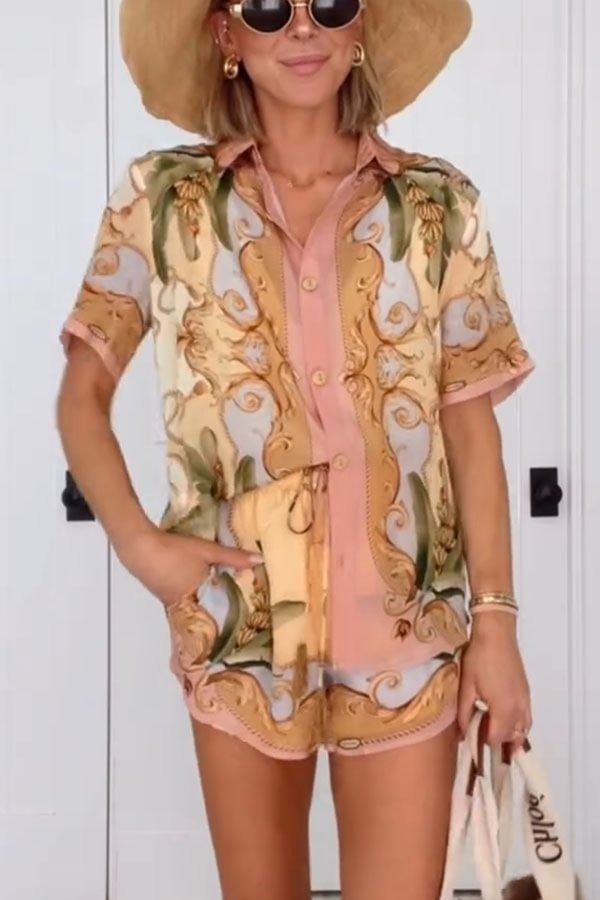 Royalty Unique Print Button Up Short Sleeve Shirt and Elastic Waist Pocketed Loose Shorts Set