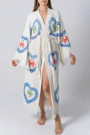 Linen Blend Unique Print Belt Swimwear / Lounge Cover-up Robe