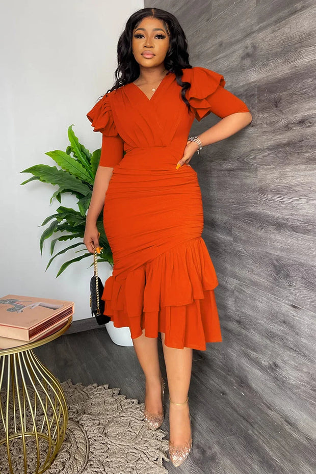 SHORT SLEEVE IRREGULAR RUFFLE MIDI DRESSES